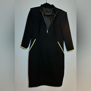 Ted Baker Black Midi Dress with Shoulder Pads, Zipper & Neon Details
